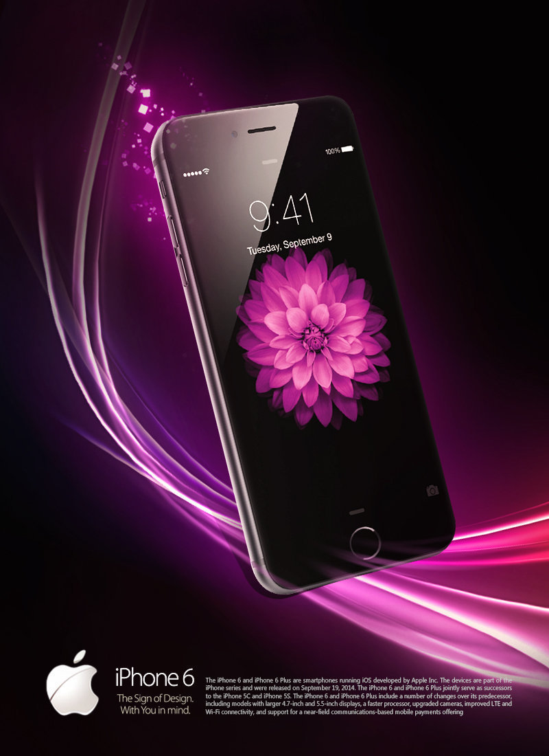 廣告練習| iPhone6
背景特別設計用以強調 iphone 6 螢慕的鮮豔色彩。以弧型光芒及iphnoe的側視圖製造空間感，使觀看者彷彿親眼所見。