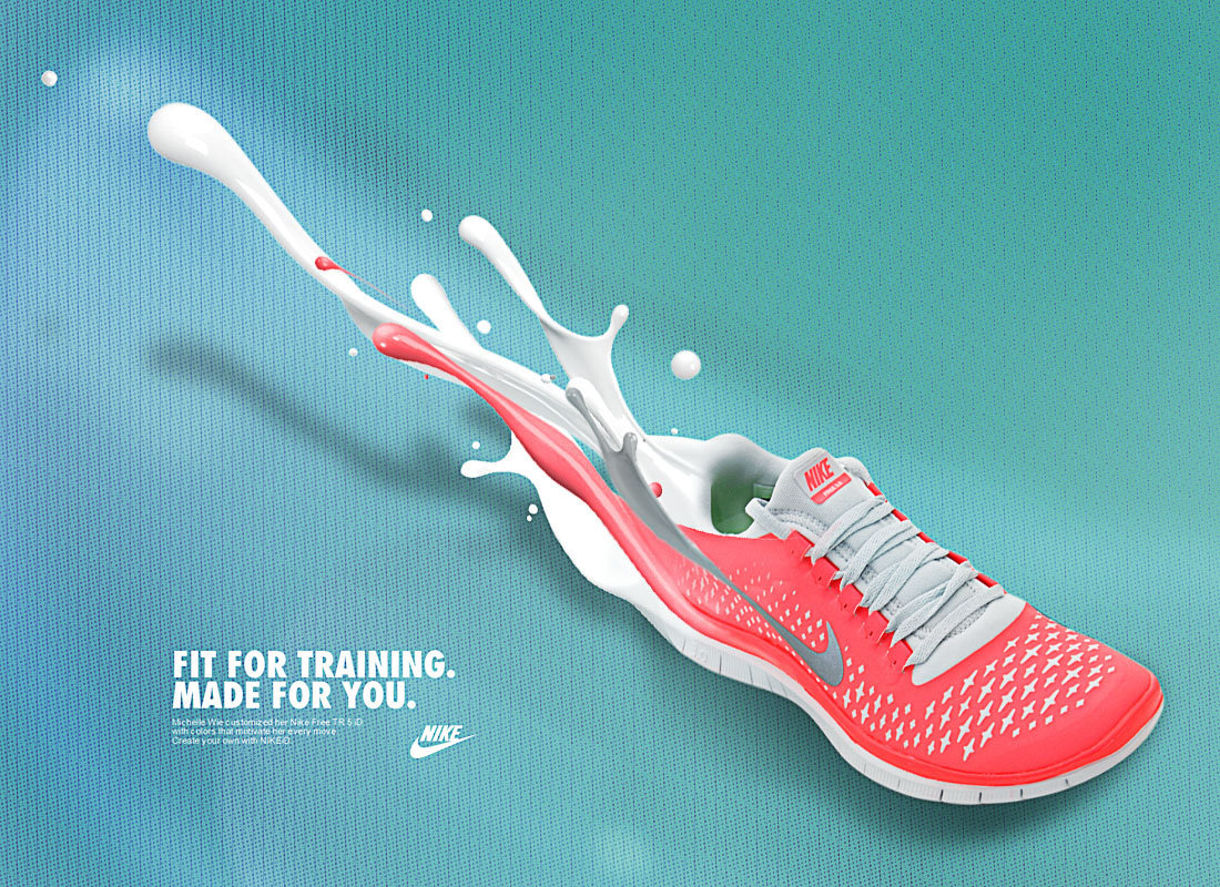 廣告練習| Nike
本作品使用 Illustrator 製造出如針織排汗衫的背景，配合明亮水藍色，給人清涼舒適排汗感，襯托鞋子輕巧透氣感。 並以飛濺的液體創造輕巧動感，比諭鞋子如流體般貼身動感。