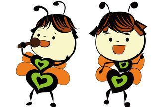 插畫練習 - 愛心蜜蜂。以條紋的愛心為身體，對比色的配色，生動的姿勢