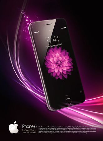 廣告練習| iPhone6
背景特別設計用以強調 iphone 6 螢慕的鮮豔色彩。以弧型光芒及iphnoe的側視圖製造空間感，使觀看者彷彿親眼所見。